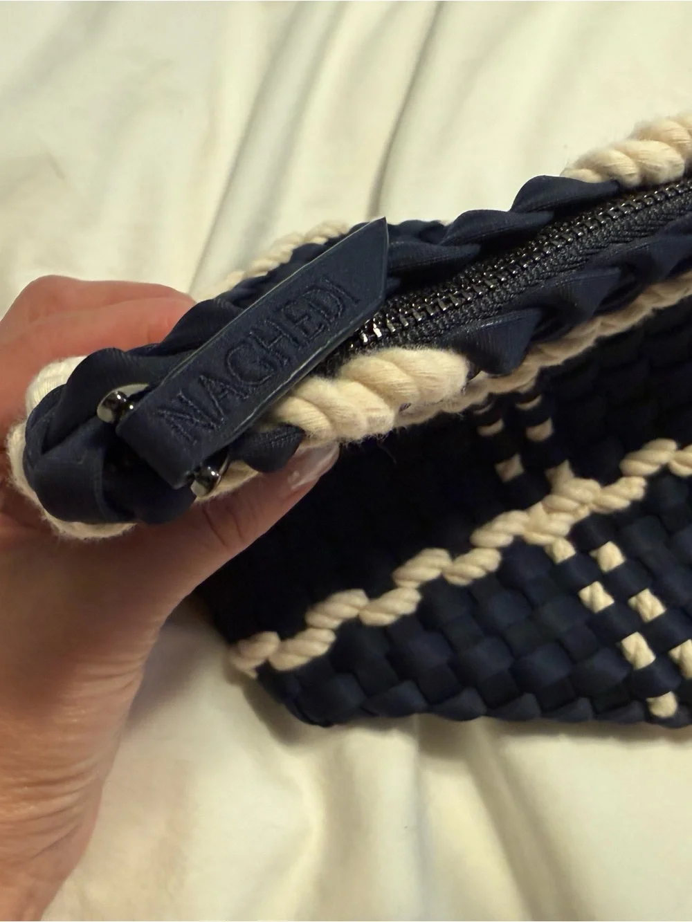 Naghedi Navy and Cream Woven Plaid Clutch